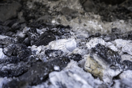 Detail of extinguished black carbon in a barbecue, burned wood