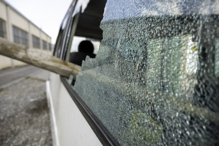 Broken car glass in accident, road safety, driving