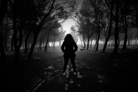 Detail of young woman walking through a dark forestの写真素材