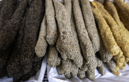 Detail of dried pork, greasy food, meat industryの写真素材