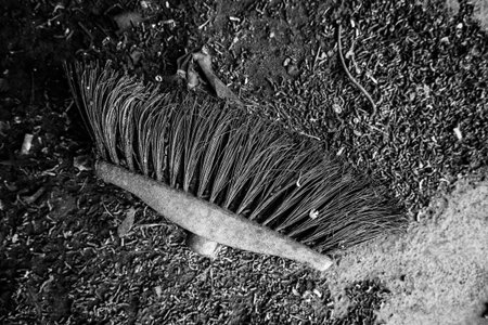 Detail of old and damaged broom for sweeping dirtの写真素材
