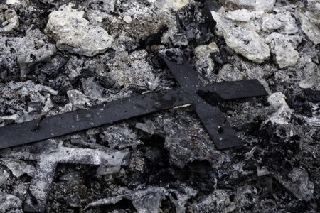 Detail of old burned and destroyed wooden coffinの写真素材