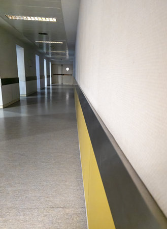 Detail of long hospital corridor, hygiene and sanitationの写真素材
