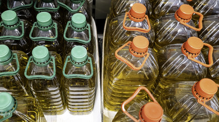 Cooking oil bottles in supermarkets, commerce and production