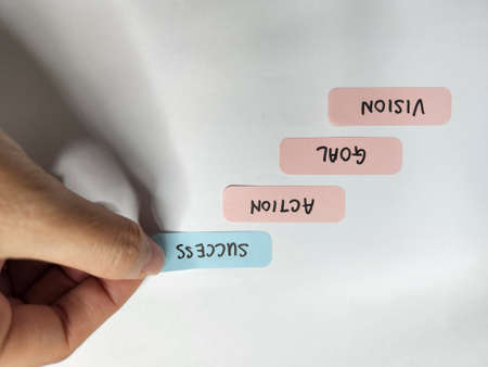 Hand holding a sticky note on the whiteboard with text. Inspiration concept.の写真素材