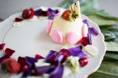 white chocolate cake with flowers and leavesの写真素材