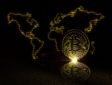 bitcoin cryptocurrency mining world map binary codes goldの写真素材