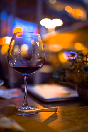 wine glass served on dining table with valentines day romanticの写真素材