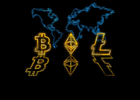 cryptocurrency bitcoin ethereum litecoin marketing stock binary codes with candle stick graphs and world mapの写真素材