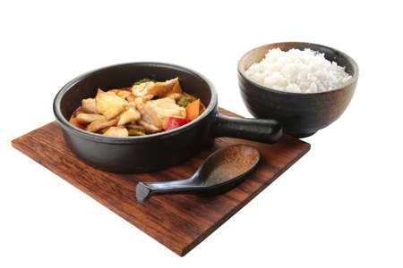 shrimp with vegetables main dish with rice japanese food isolatedの写真素材