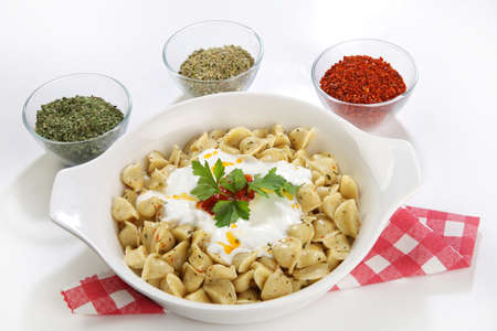 turkish traditional food named manti top view isolatedの写真素材