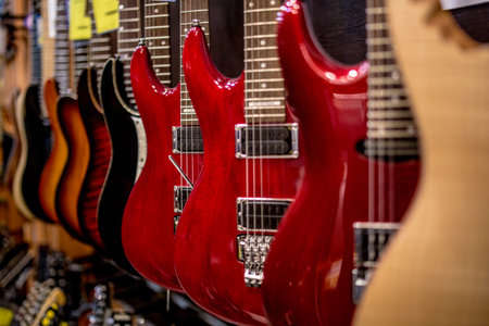electric guitars ready to rock at music store on sale
