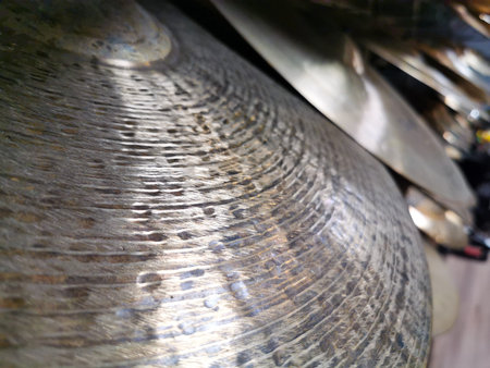 cymbals for drummers at music store ready to perform drum solo