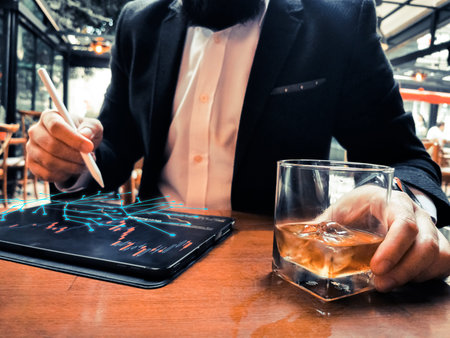 business man with beard using pro tablet and pencil interacting with tablet screen holographic web...