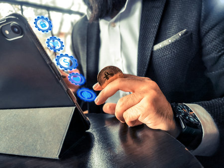 bearded adult rich businessman who has smart watch using his pro tablet and work remotely touching...