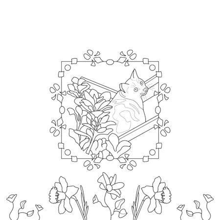 Cat coloring page. Cute cat in the deckchair. With pretty flowers. vector illustration.のイラスト素材