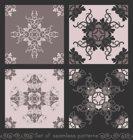 Set of seamless patterns with hearts, interlaced spirals and birds. Romantic. Colors Pinkish Brown dark and Pinkish Brown light, Dark gray. Vector.のイラスト素材