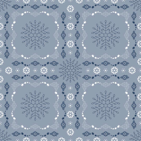 Seamless pattern christmas theme. Snowflakes and frieze with stars. Pretty colors ice blue, blue and white. Vector illustration.のイラスト素材