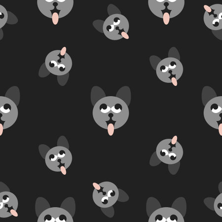 Seamless pattern. Gray cat heads sticking out their tongue. Funny and cute. Background dark gray. vector illustration.のイラスト素材