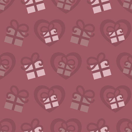 Seamless pattern for Valentine's Day with gifts and hearts. Raspberry color. Vector.のイラスト素材