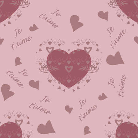 Seamless pattern for Valentine's Day, declaration of love with little hearts and text in french language, I love you. Light pink color. Vector.のイラスト素材