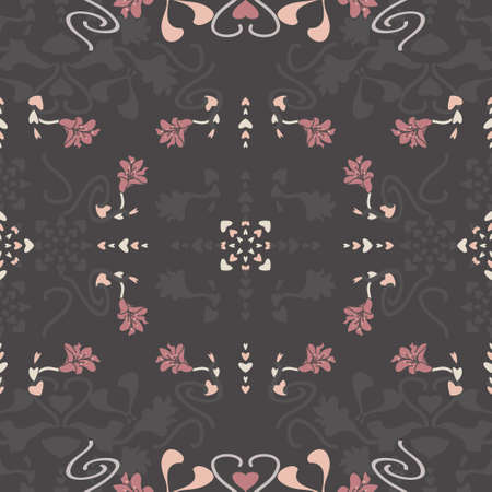 Floral seamless pattern with lily flowers and hearts. Dark gray, pink, cream ivory and pastel orange. Vector.のイラスト素材