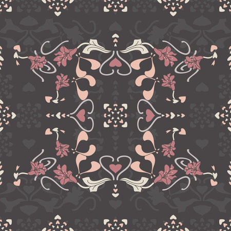 Floral seamless pattern with lily flowers and hearts. Dark gray, pink, cream ivory and pastel...