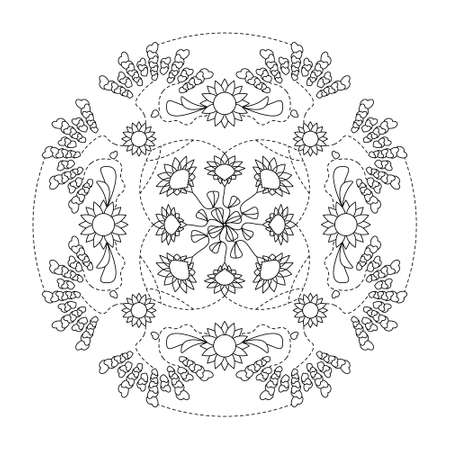 Mandala. Hearts and flowers. Anti-stress coloring page. Vector black and white illustration.のイラスト素材