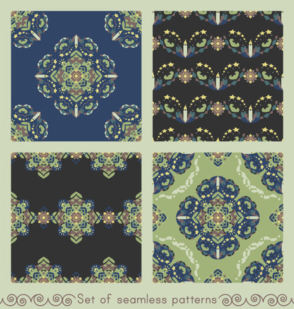 Set of seamless patterns. Christmas theme. Pretty mandalas with candles, hearts and stars. Vector illustration.のイラスト素材
