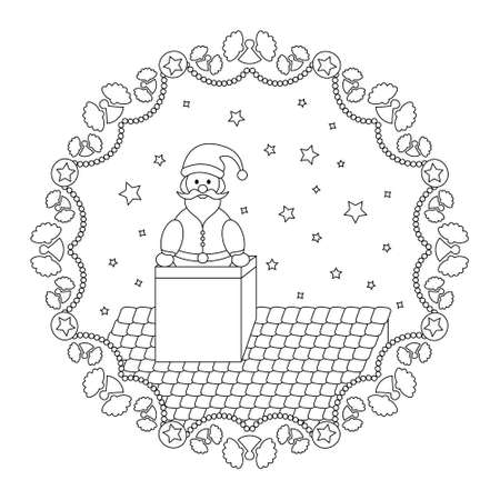 Christmas mandala. Santa Claus coming out of the fireplace and Garland of angels. Christmas coloring page. Noir et blanc. Vector illustration.のイラスト素材