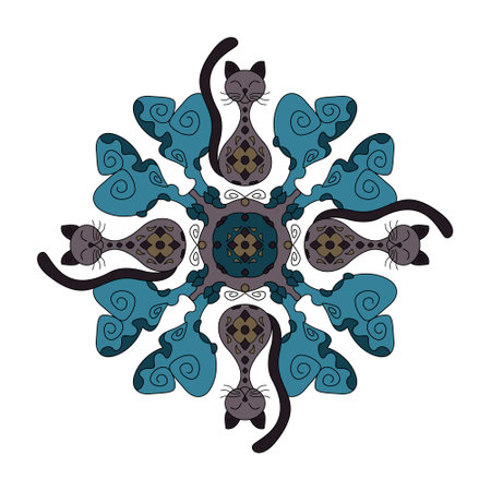 pattern. Cat Mandala. Cute. Turquoise blue and Brown colors. Vector illustration.のイラスト素材
