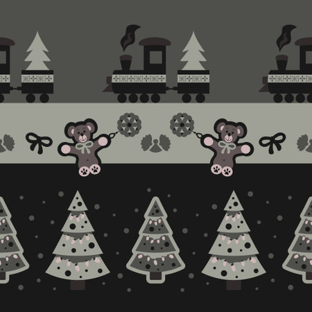 Seamless Pattern. Little Christmas train carrying the Christmas tree. Cute cuddly bear. Christmas tree and angel. Dark gray and Almond Green color. Vector.のイラスト素材