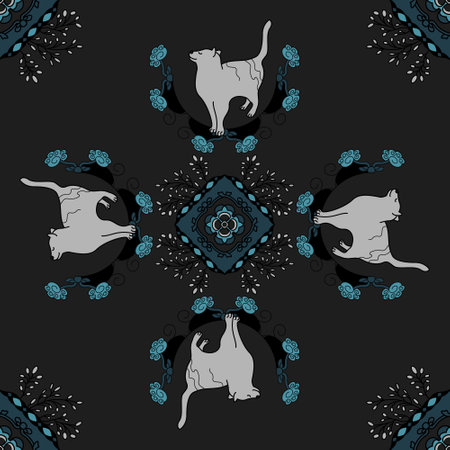 Seamless Pattern. Mandala. Cute Cat. Dark gray and Turquoise blue.のイラスト素材