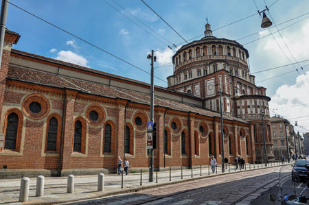 Milan, Italy - May 07, 2013. Street view and the side of the church of Santa Maria delle Grazie, in the city center of Milan, a large and modern city. Located in the Lombardy region, northern Italyのeditorial素材