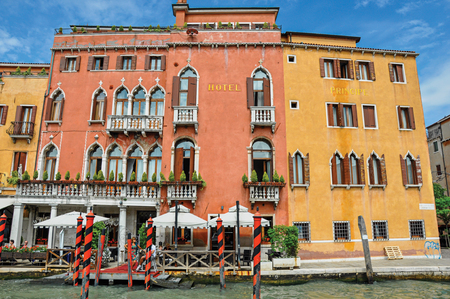 Venice, Italy - May 08, 2013. View of hotel with harbor in front of the Grand Canal. At the city center of Venice, the historic and amazing marine city. Located in the Veneto region, northern Italyのeditorial素材