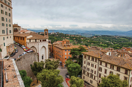 Overview of roofs and buildings in the city of Perugia, the historic and touristic city famous for its cultural agenda and the production of chocolate. Located in the Umbria region, central Italyのeditorial素材