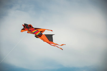 Close-up of colorful kite flying in sunny sky with clouds in the city center of Ostia. The town is a seaside resort and ancient port of Rome. Located in the Lazio regionの写真素材