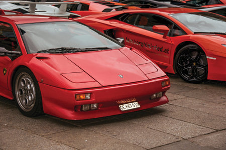 Bologna, Italy - May 10, 2013. Close up of a sports car of the Lamborghini brand in the center of Bologna, an important, cultural and artistic city. Located in Emilia-Romagna region, northern Italyのeditorial素材