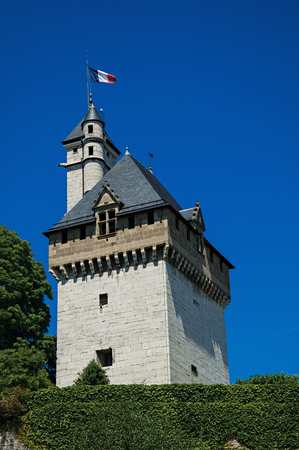 Close-up of Dukes tower of Savoy's castle, with blue sky in the city center of Chambery. Located in the department of Savoie, Auvergne-Rh?ne-Alpes region in south-eastern Franceのeditorial素材
