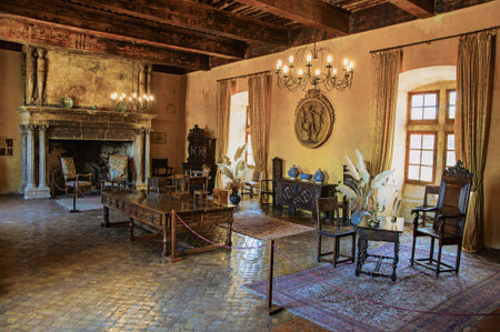 Decoration with fireplace in hall in Lourmarin castle. In the Vaucluse department, Provence-Alpes-C?te d'Azur region, southeastern Franceのeditorial素材