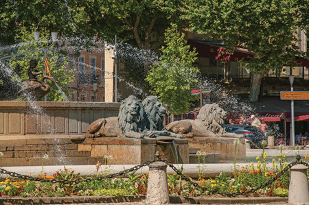 Aix-en-Provence, France - July 09, 2016. Close-up of roundabout and fountain in Aix-en-Provence, a pleasant and lively town in the French countryside. Provence region, southeastern Franceのeditorial素材