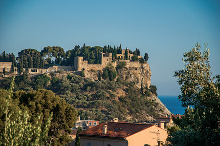 View of castle on top of a hill near the city center of Cassis, a beautiful and sunny seaside town with harbor. Located in the Bouches-du-Rhone department, Provence region, southeastern Franceのeditorial素材