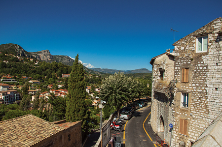 Vence, France - July 13, 2016. Panoramic view of hills and buildings outside Vence, a stunning medieval town completely preserved. In Alpes-Maritimes department, Provence region, southeastern Franceのeditorial素材