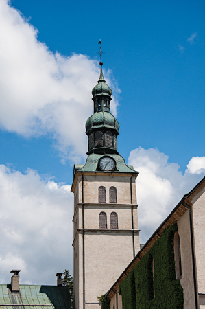 Close up of beautiful church and roof in the sunny day at Megeve. A famous ski resort located in the Haute-Savoie Province, near the Mont Blanc in the French Alps.の写真素材