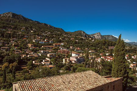 Panoramic view of hills and rooftops outside of city center of Vence, a stunning medieval hamlet...