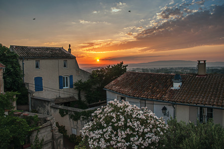 Chateauneuf-de-Gadagne, France - July 02, 2016. View of houses at sunrise in the village of Chateauneuf-de-Gadagne. Located in the Vaucluse department, Provence-Alpes-Cote d'Azur region.のeditorial素材