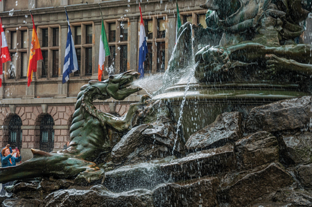 Antwerp, Northern Belgium - July 02, 2017. Detail of Brabos's Monument at the Grote Market Square in Antwerp. Port and multicultural city, known as one of the main gateways for goods in Europe.のeditorial素材