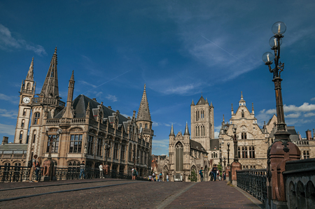 Ghent, Belgium - July 03, 2017. St Michael's Bridge, churches and Gothic buildings in Ghent. In addition to intense cultural life, the city is full of canals and Flemish architecture. Northern Belgiumのeditorial素材