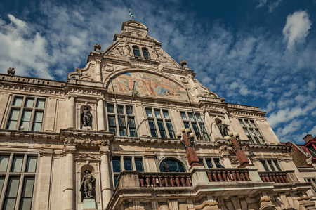 Old classical building with statues and blue sky in the City Center of Ghent. In addition to intense cultural life, the city is full canals, Gothic and Flemish style buildings. Northern Belgium.のeditorial素材