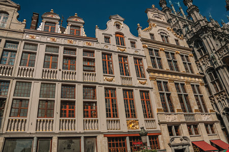 Brussels, Belgium - July 04, 2017. Facade of old typical buildings in the Grand Place of Brussels. Vibrant and friendly, is the country's capital and administrative center of the EU. Central Belgium.のeditorial素材
